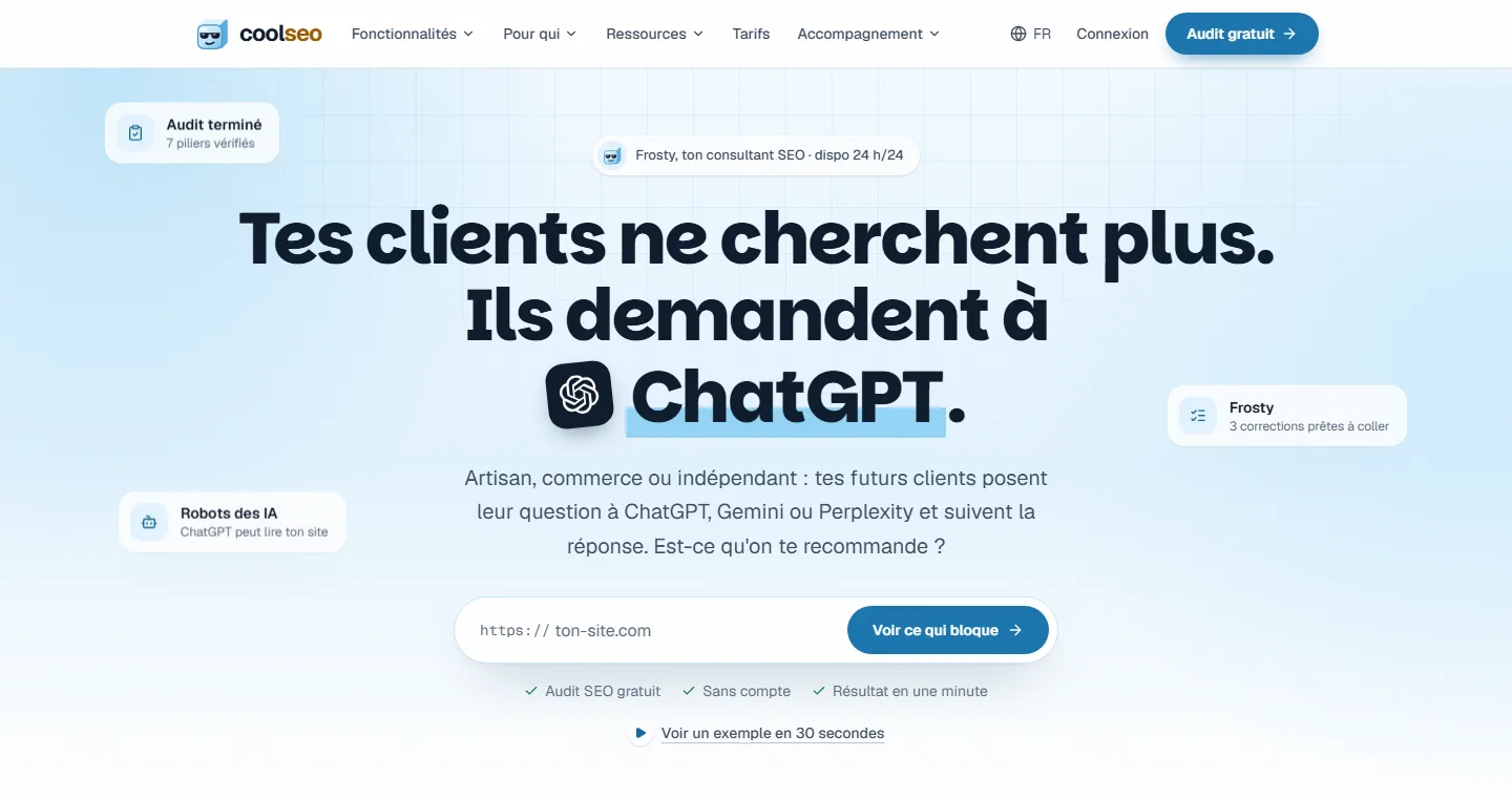 Page d'accueil de coolseo.app : « Tes clients ne cherchent plus. Ils demandent à ChatGPT. »